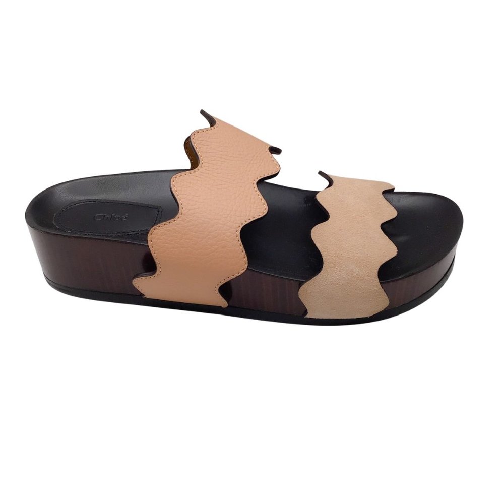 CHLOE CARRAIA TAN SUEDE AND LEATHER FLAT SLIDE SANDALS - Picture 2 of 7